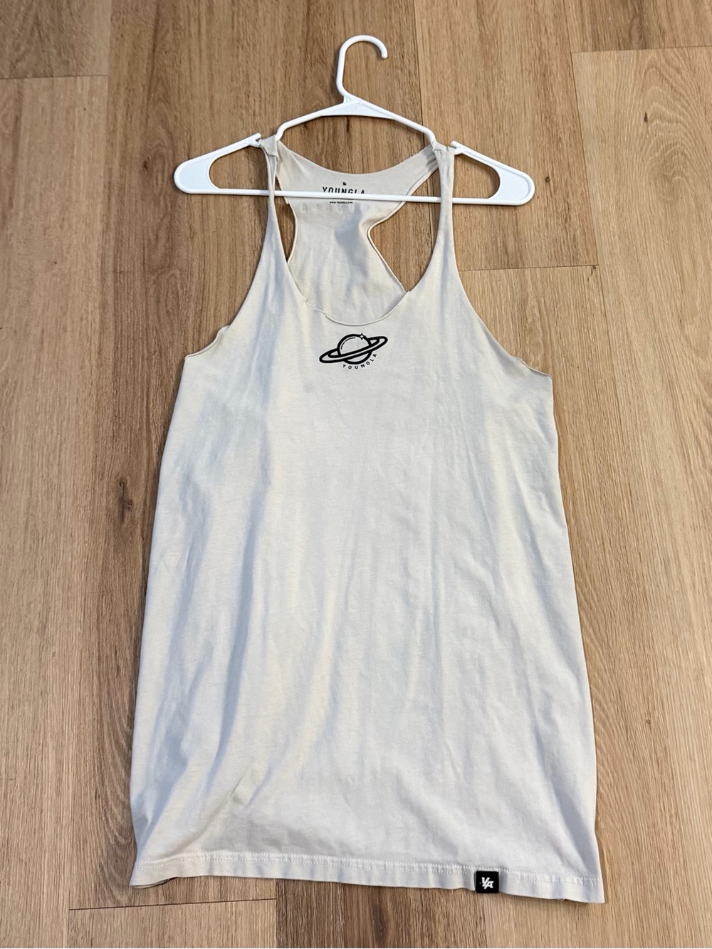 YoungLA Men’s Light Cream Racerback Gym Tank Top with Saturn Graphic size XL